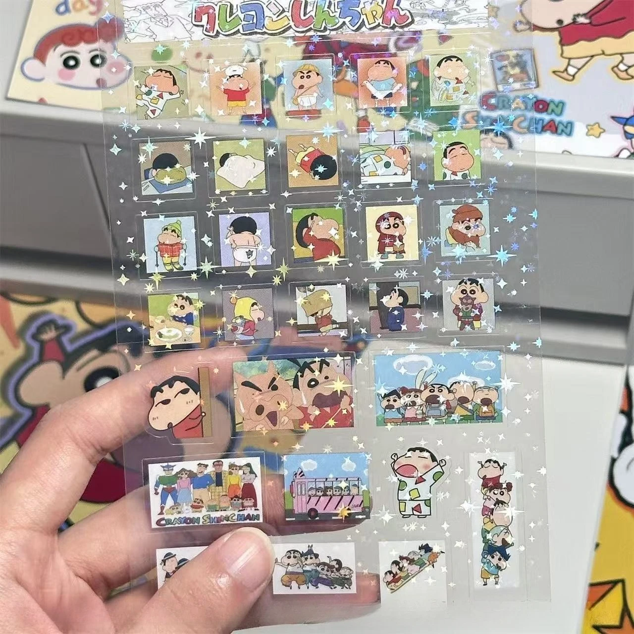 5PCS 크레용 신짱 더블 투명 컷 멤브레인 스티커 DIY 고가치 핸드 계정 장식 레이저 투명 스티커