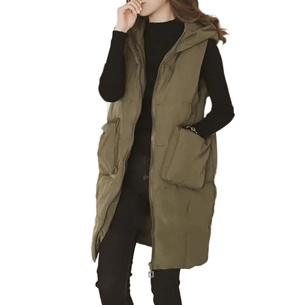 

Breathable Women Waistcoat Stylish Women's Hooded Long Vest Coat with Pockets Zipper Placket Autumn Winter Solid Color