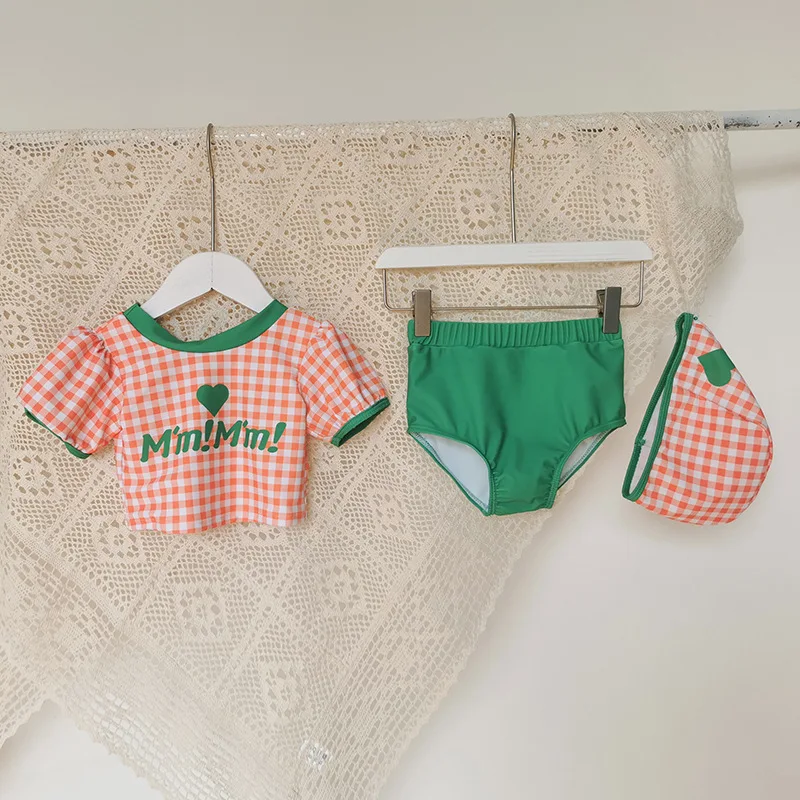 Children's Swimwear for Girls Plaids Checkered Bathing Suit for Girl Short Sleeve Toddler Baby Tankini Bikini Set Beach Clothes - 3