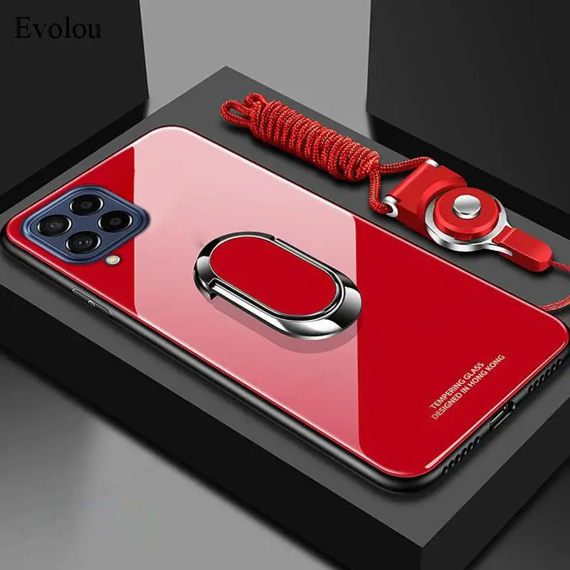 Magnetic Ring Stand Holder Phone Case with Tempered Glass and Shockproof Soft Frame Cover & Lanyard