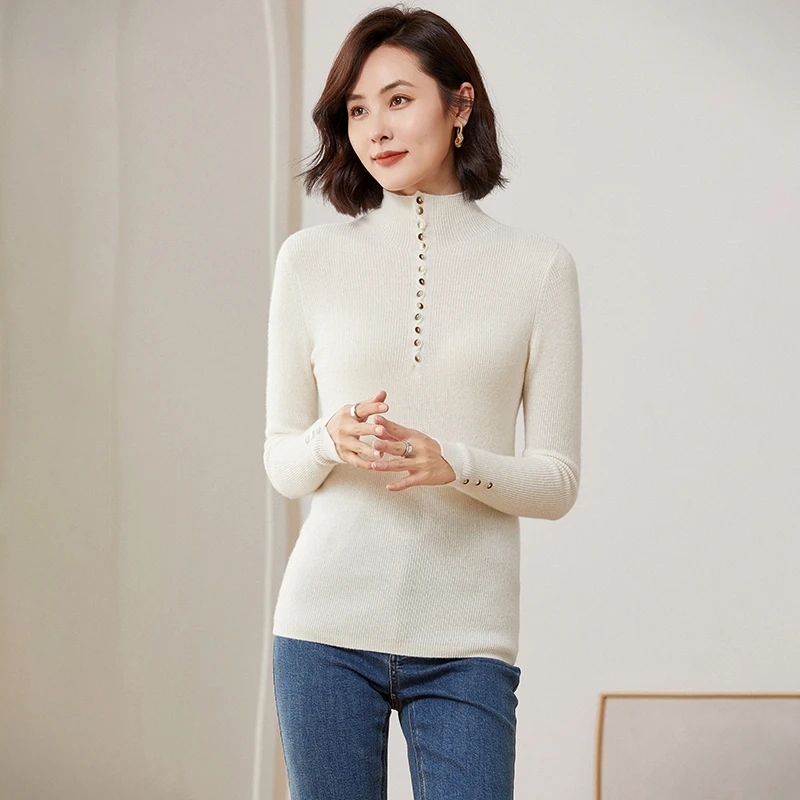 

2023 New 100% Pure Cashmere Sweaters Slim Fit Cashmere Sweaters Drawn Clause Bottom Shirts Women's Half High Neck Pullover Knits