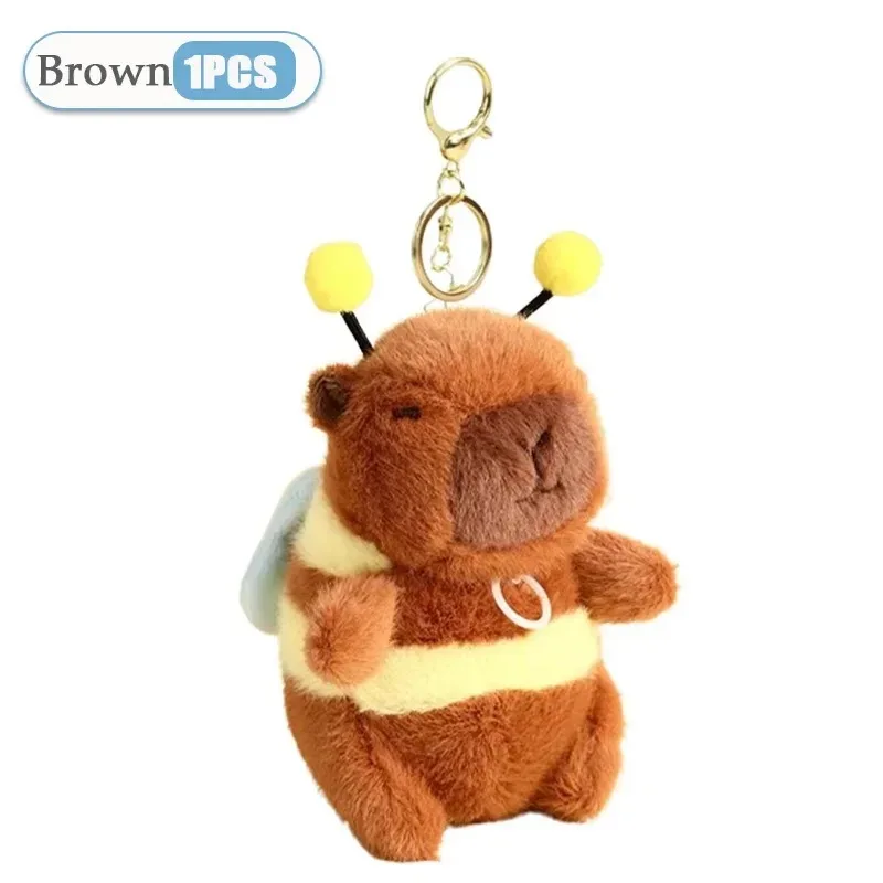 1-10PCS Brown Soft Capybara Key Ring Cross Dressing Funny Plush Bee Pendant Fur Pulling Rope Cartoon Animal Keychain Couple