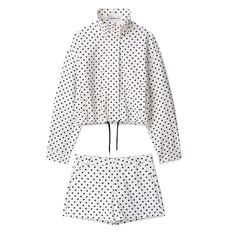 Fashion Polka Dot Shorts Sets For Women 2025 Autumn Drawstring Bomber Jacket High Waist Shorts 2 Pieces Set Woman Outfits