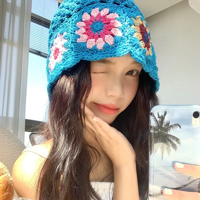Breathable Hollowed Out Knitted Hat Casual Summer Skullies Hat Fashion Flowers Beret Cap for Women 3