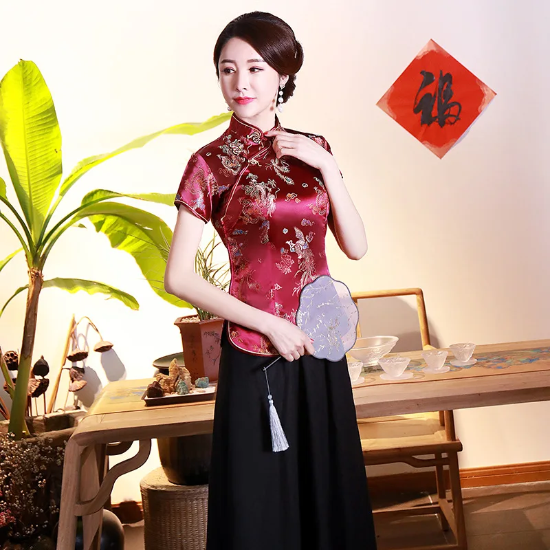 Lake Blue Tang Clothes Lady Slim Qipao Tops Vintage Mandarin Collar Shirt Chinese Style Costume Oversize Blouse Satin Clothing women satin blouse women chinese shirt