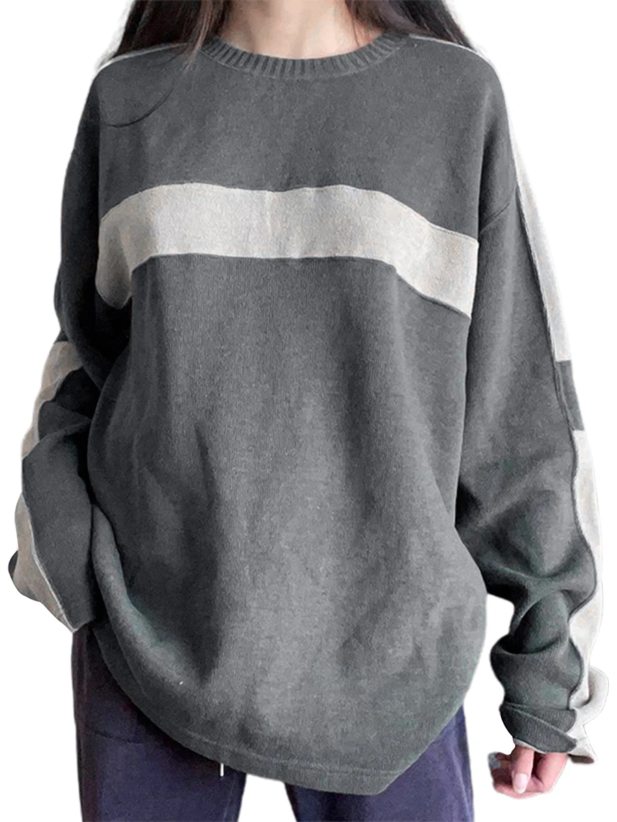 

Women's Spring Autumn Casual Sweatshirt Long Sleeve O Neck Contrast Color Loose Pullover Y2k Clothing Vintage