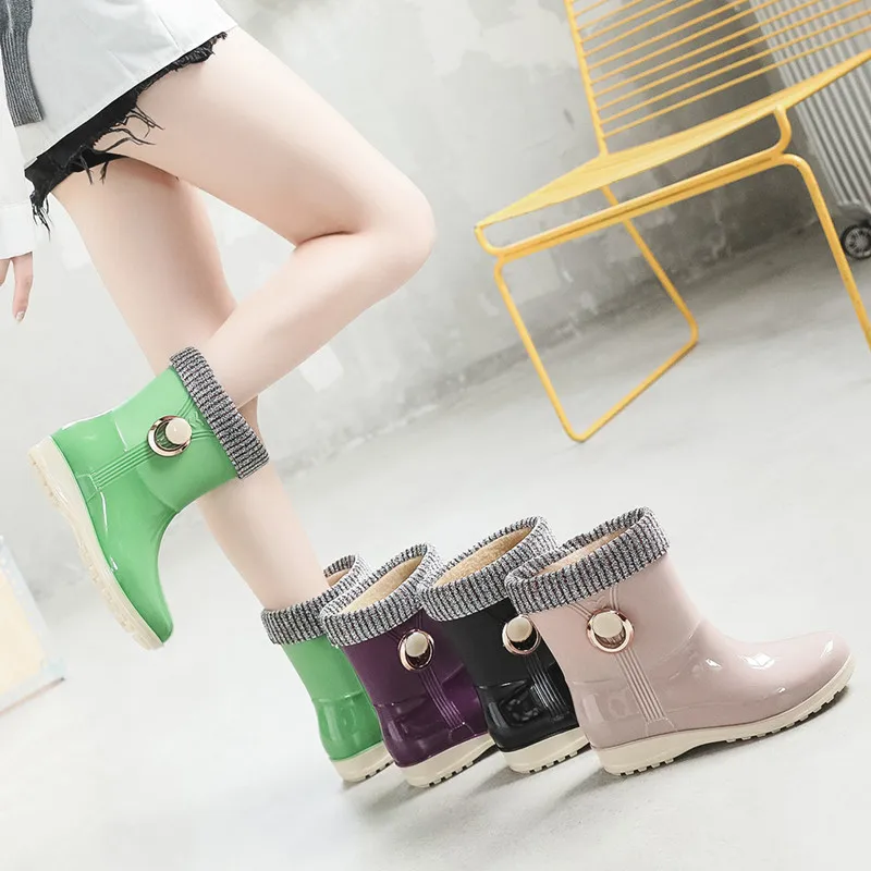 Women Outdoor Fashion Mid-Calf Rain Boots Girls Students Winter Keep Warm Waterproof Boots Female Comfort Work Water Boots New