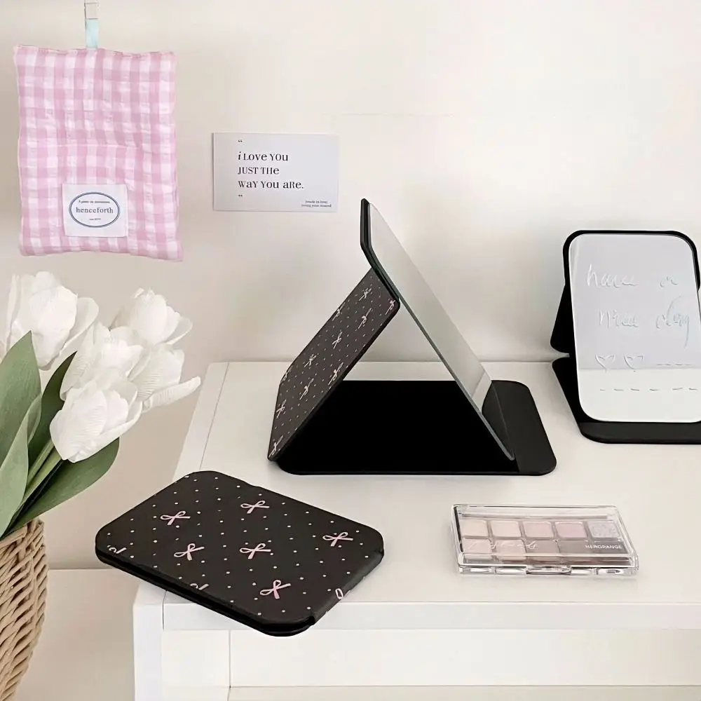 Pu Leather Desktop Stand Mirror Pink Bow Compact Cosmetic Mirror Vanity Mirror Folding Light Weight Fold Makeup Mirror Bedroom