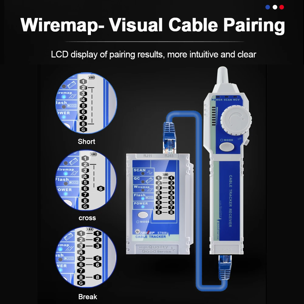 TOOLTOP ET608 Network LAN Line Finder PoE Test 3KM Digitalized Cable Tracing QC NCV Test Breakpoint Ethernet Cable Checking