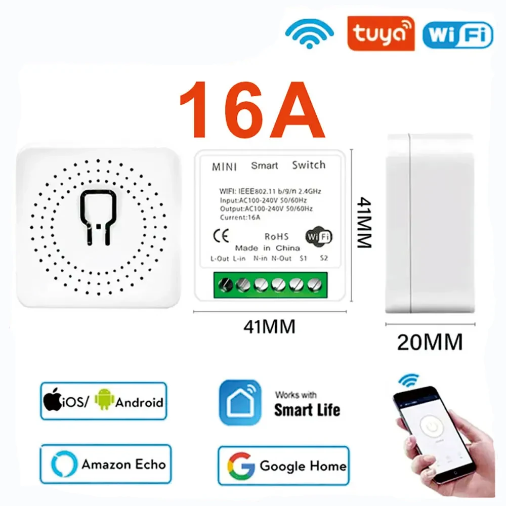 WiFi Smart Switch Tuya WiFi MiNi Smart Switch With Power Monitor 16A 2-way Control Timer Breaker Relay Work With Alexa Google Home Alice
