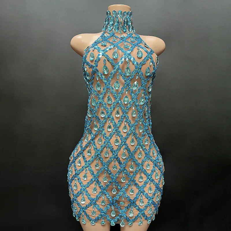 

New Sky Blue Rhomboid Mesh Fabric Round Neck Sleeveless Backless Mini Short Dress