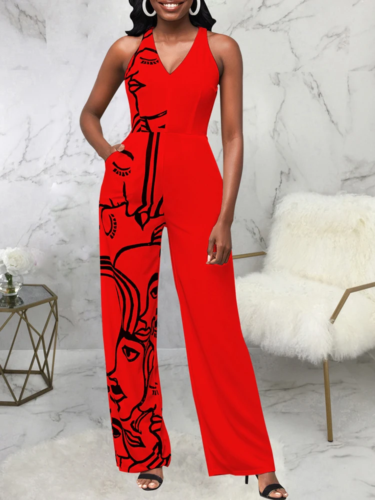 

Aesthetic Print Simple Rompers Womens Jumpsuit Chic Deep V Neck Sleeveless Wide Leg Overalls Elegant Fashion Business Bodysuits