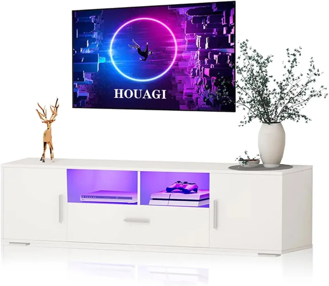 

HOUAGI LED TV Stand, Modern White Entertainment Center with Drawers, Ideal TV Stands for Living Room and Bedroom