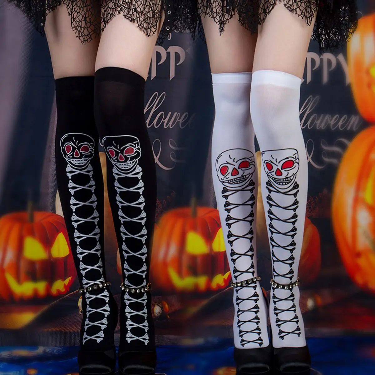 

Черное сексуальное нижнее белье с принтом черепа на Хэллоуин, чулки, женские готические темные длинные сексуальные чулки, высокие колготки, аксессуары для косплея