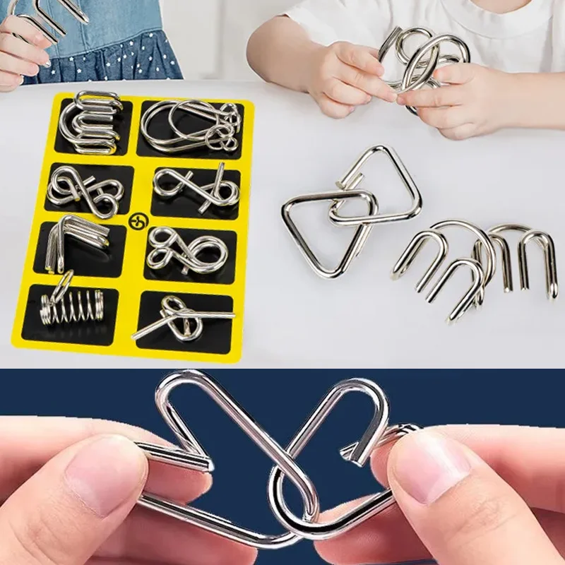 8Pcs/Set Metal Montessori Puzzle Wire IQ Mind Brain Teaser Puzzles Children Adults Interactive Game Reliever Educational Toys