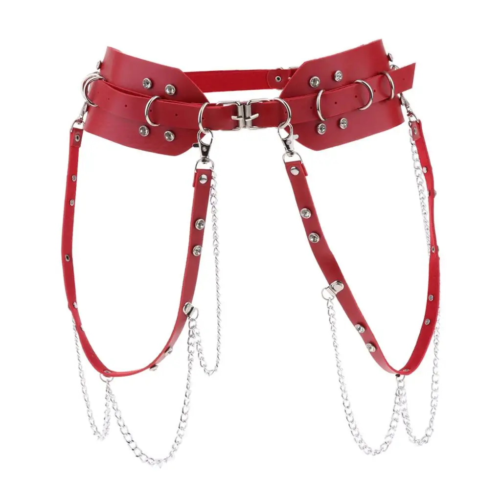 Ladies punk waist belt, studded belt with chain, adjustable wide waistband