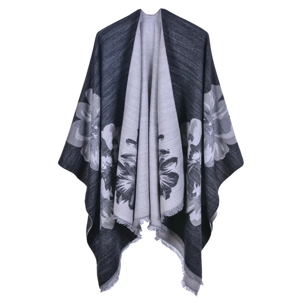 

Women's Double-sided Loose Beard Cape European American Fashion Jacquard Split fork Thickened Warm Split Ponchos Lady Coat Gray