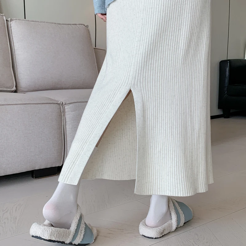Autumn Winter Thick Knitted Long Skirts Maternity Drawstring Slim Fit Pencil Back Splits Bottoms for Pregnant Women Prgenancy