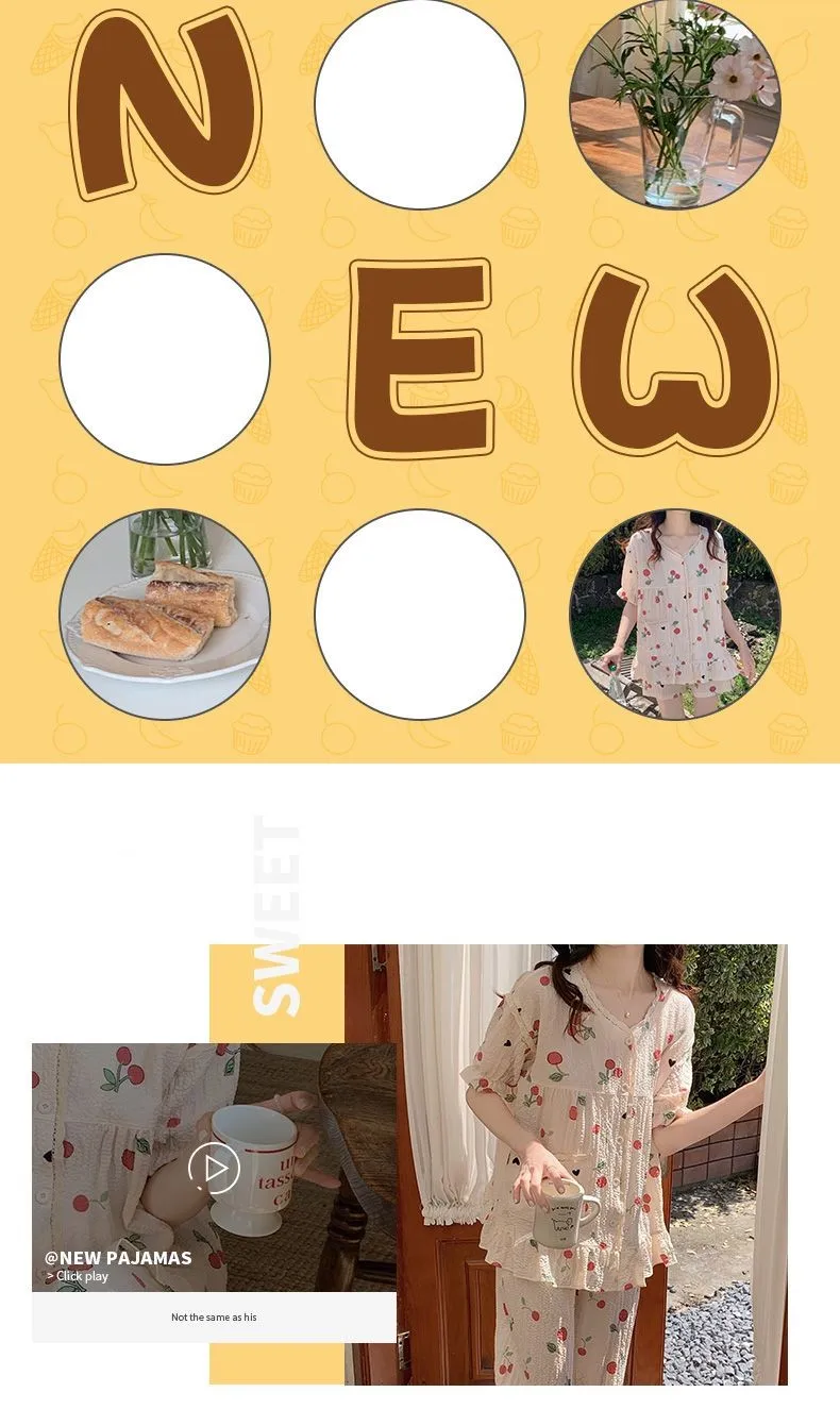 Yasuk Primăvară Toamnă Vară Femei Casual Moale Sleepwear Pamas Set cu Pantaloni Lungi Scurti Dulce Imprimeu Dantelă Căpșuni_voghion.com