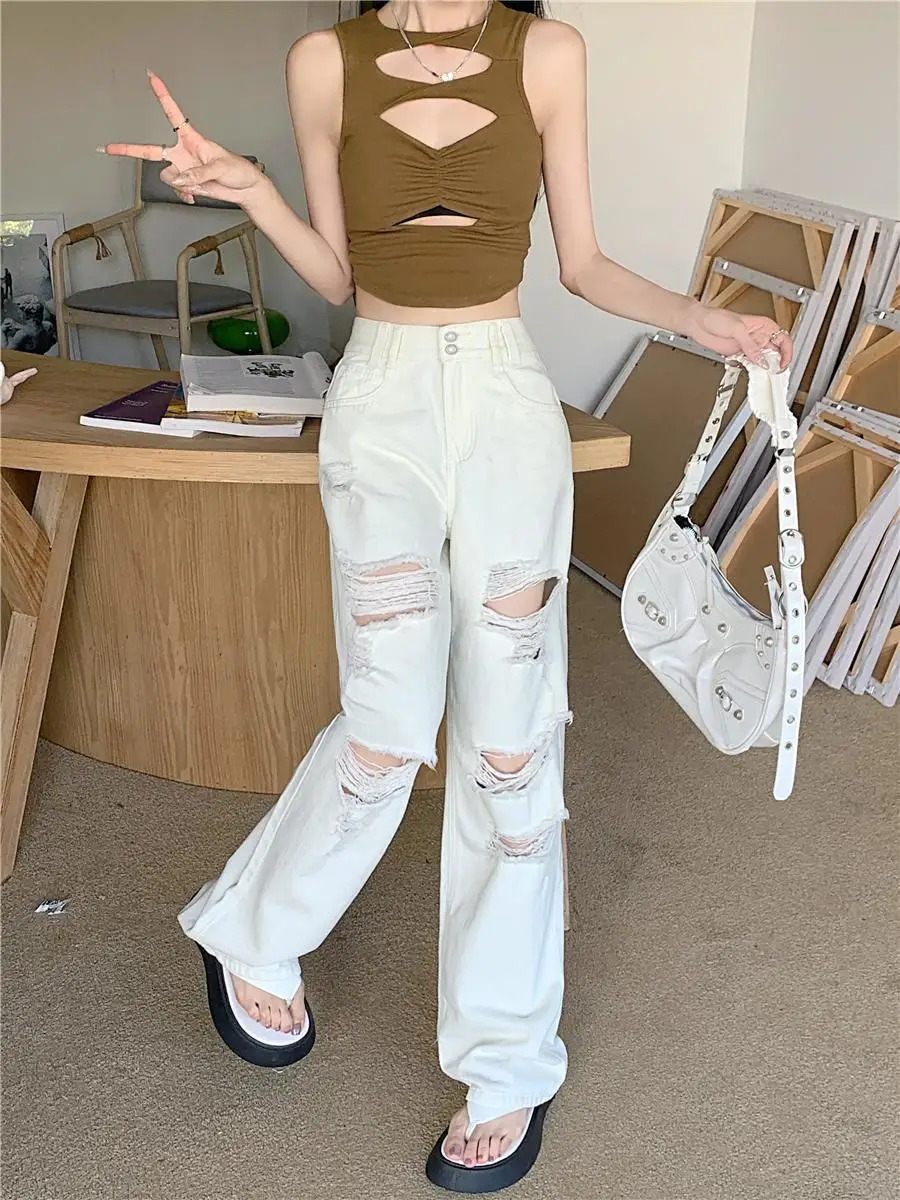 Jeans Ripped Women'S White Baggy Vintage Cowboy Pants Harajuku Streetwear Oversize Denim Trousers Y2k Floor Mopping Pants 2024