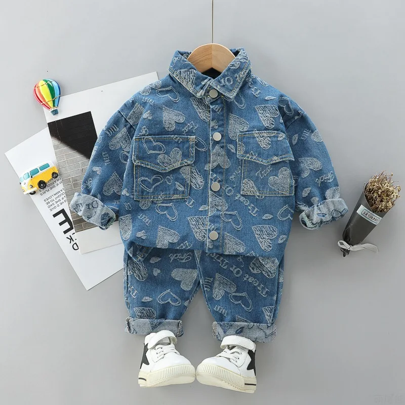 

Baby boy clothes 0-4Yspring autumn fashion denim suit boy girl cowboy tooling single-breasted denim clothes + jeans 2-piece suit