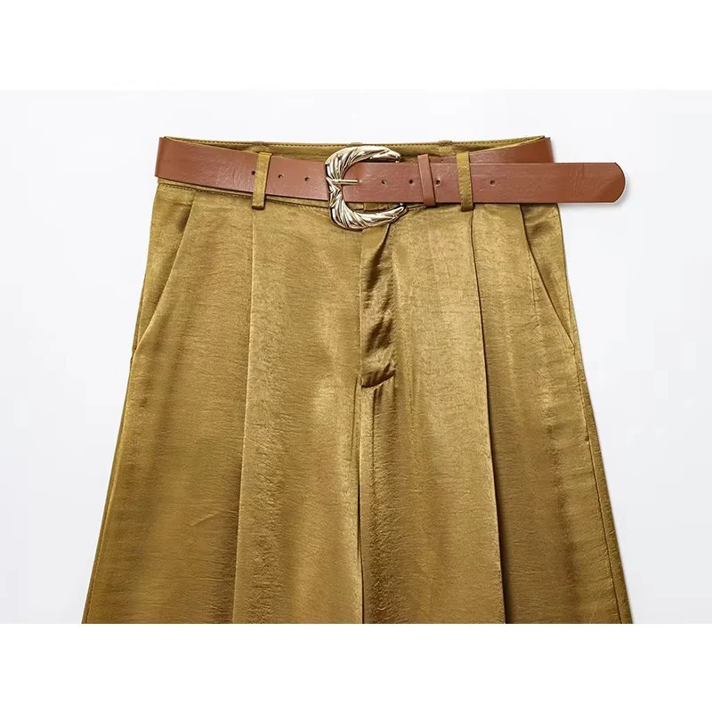 Women's Elegant Chic Belt Wrinkles Decorate Casual Loose Long Pants Woman Solid Side Pocket Zipper Slim Wide Leg Pants