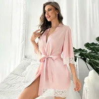 Nouvelle Robe de Nuit Élégante en Satin pour Femme 2025, Kimono Court avec Dentelle, Col en V, Ceinturé, Vêtement de Nuit de Mariée, Cadeau pour Demoiselle d'Honneur 3