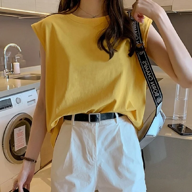 여성용 순색 라운드 네크라인 민소매 티셔츠, 루즈한 베이스 셔츠, 슬림한 캐주얼 조끼 상의, 아웃도어 웨어, 여름