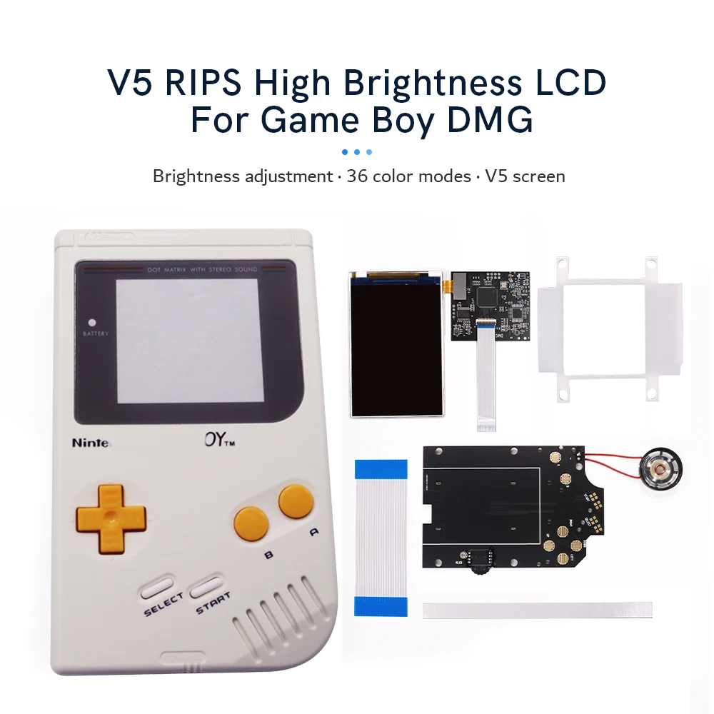Guscio Pretagliato Bianco + Pulsante Giallo V5 Osd Colore Modello Retroilluminazione Luminosità Schermo Lcd Ips Per Game Boy Classic Gbo/Dmg