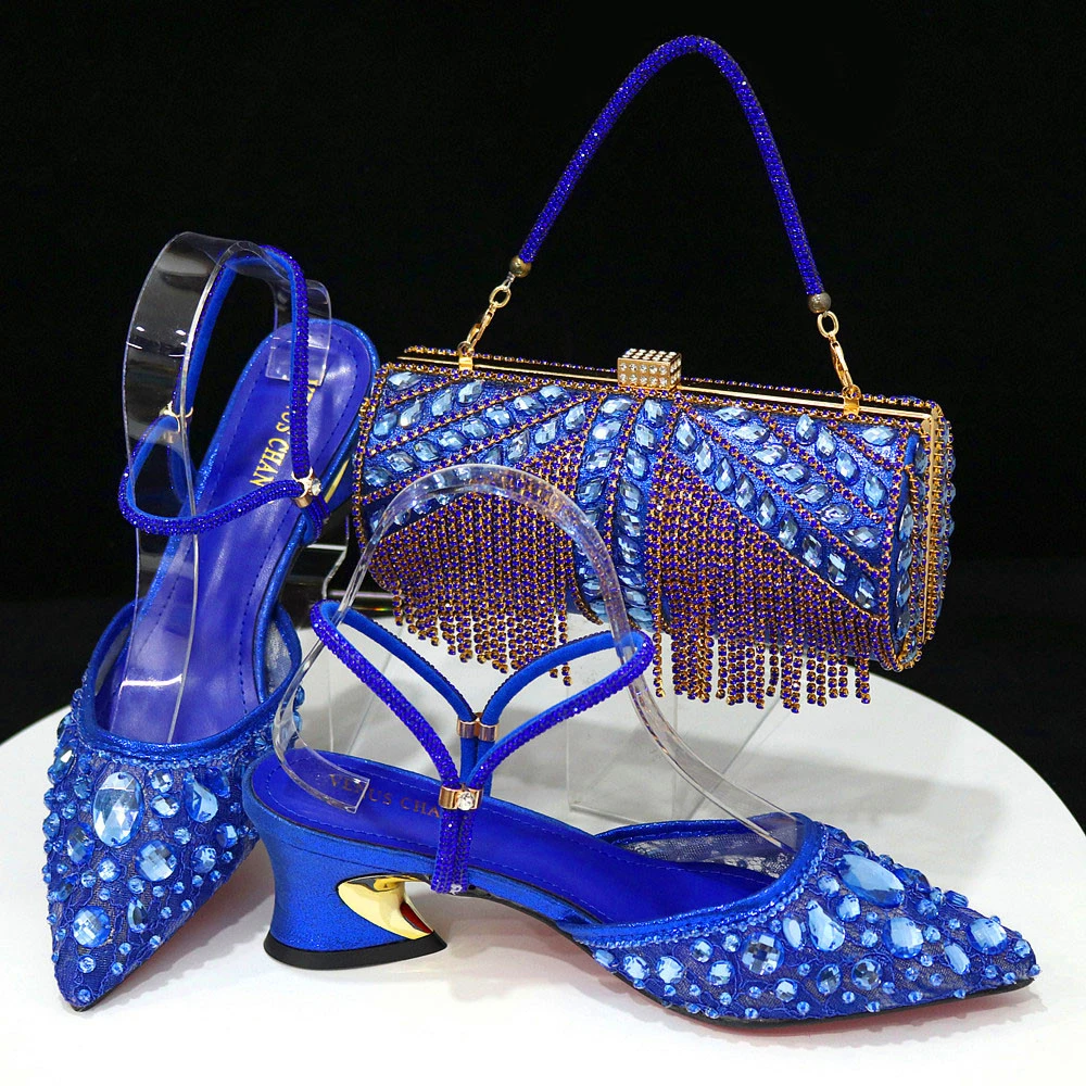 

2023 Newest INS Style Blue Color Elegant High Heels Nigeria Popular Design African Ladies Shoes And Bag Set High Quality