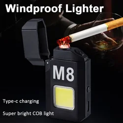 COB Led Flahlight With Lighters Dual Arc Pulse Flameless Lighter Type C Rechargeable Lighter Work Light Mini Light Men's Gift