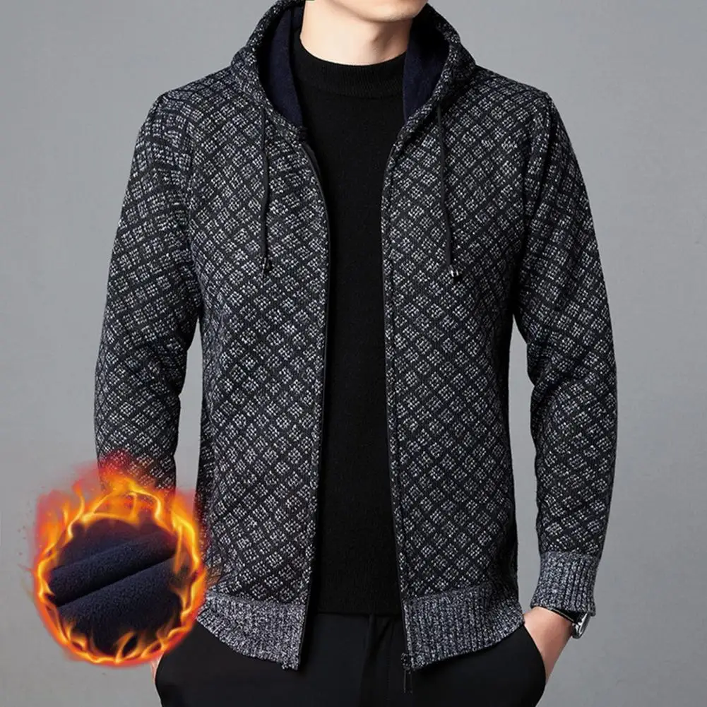 

Hooded Drawstring Long Sleeves Pockets Fleece Lining Sweater Coat Men Autumn Winter Plaid Zipper Placket Knitted Outerwear