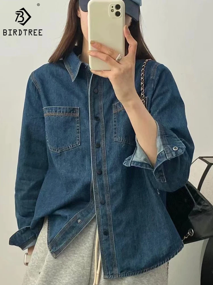 

New Autumn Cotton Denim Shirt Women Lapels Retro Casual Solid Loose Versatile Comfortable Temperament Commute Blouse T3D486QD