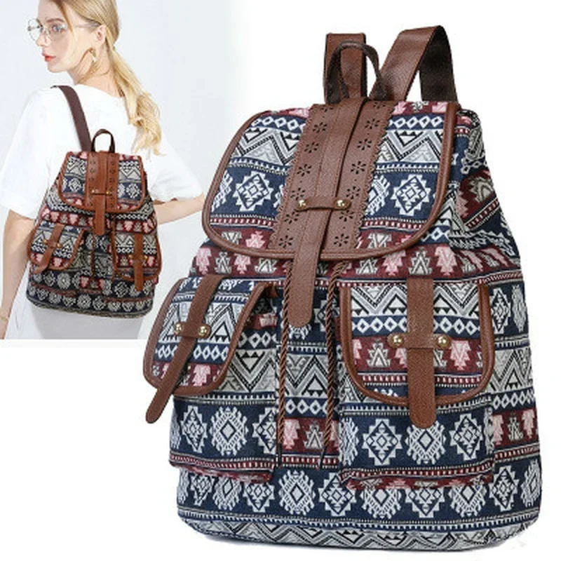 2023 New Ethnic Style Pattern Backpack Canvas Women's Bag Fashion Personalized Travel Strap Small Backpack School Backpacks women canvas backpacks sac multifunction female backpack ladies bagpack ladies school back pack preppy style backpack for girls