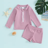 Long Sleeve Kids Boys Girls Swimwear Bikini Set Solid Color Front Zipper Toddler Swimsuit + Swim Shorts Infant Beach Wear 1