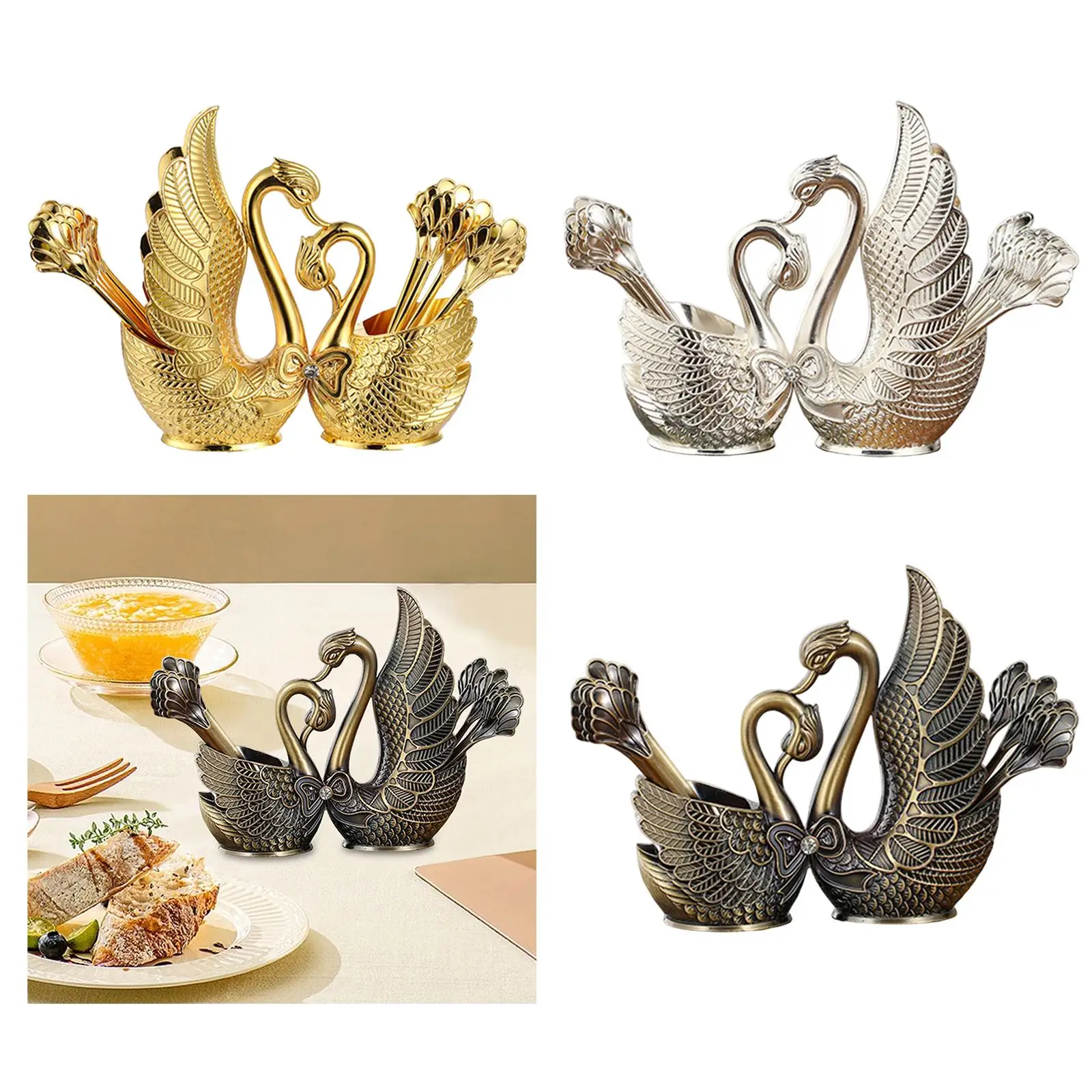 Swan Base Holder 6 Forks and 6 Spoons Cake Spoon Teaspoons Flatware Set Rack for Fruit Dessert Coffee Ice Cream Cake