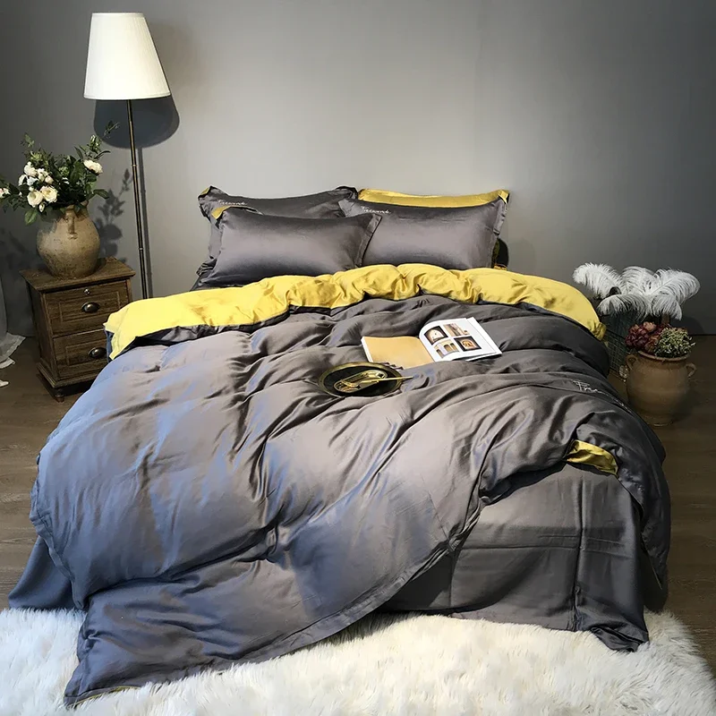 

Solid Color 80s Silk Sheet Bedding Set Duvet Cover Embroidery Sheet Quilt Cover Pillowcase Bed Linen Set Fashion HomeTextile
