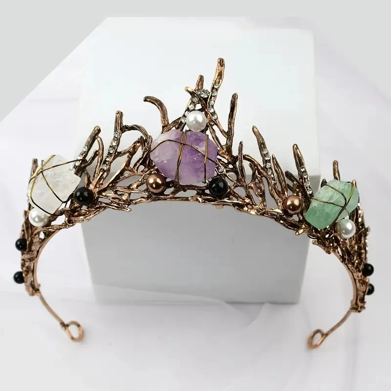 Hair Accessory Natural Amethyst WhiteCrystal Fluorite Mermaid Crown Fashion Colorful CrystalVintage MetalCrown Hair Accessories Female 1pc