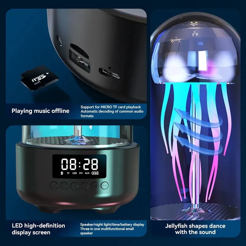 Portable Creative Color Jellyfish Lamp Bluetooth Speaker HiFi Stereo Subwoofer Speaker Smart Decorative Clock Bluetooth Speakers