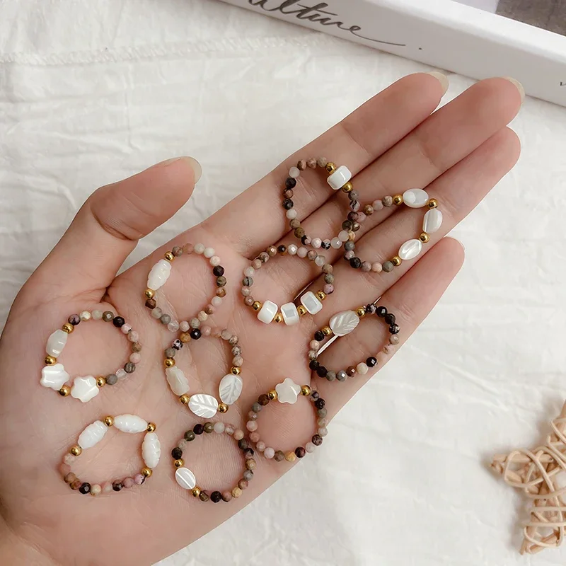 Classic Shell Heart Ring Set Rhodochrosite Natural Stone Stainless Steel Beads Rings For Women Birthday Wedding Girls wedding rings finger rings fashion rings fashion ring crystal rings stainless steel rings metal rings stone rings