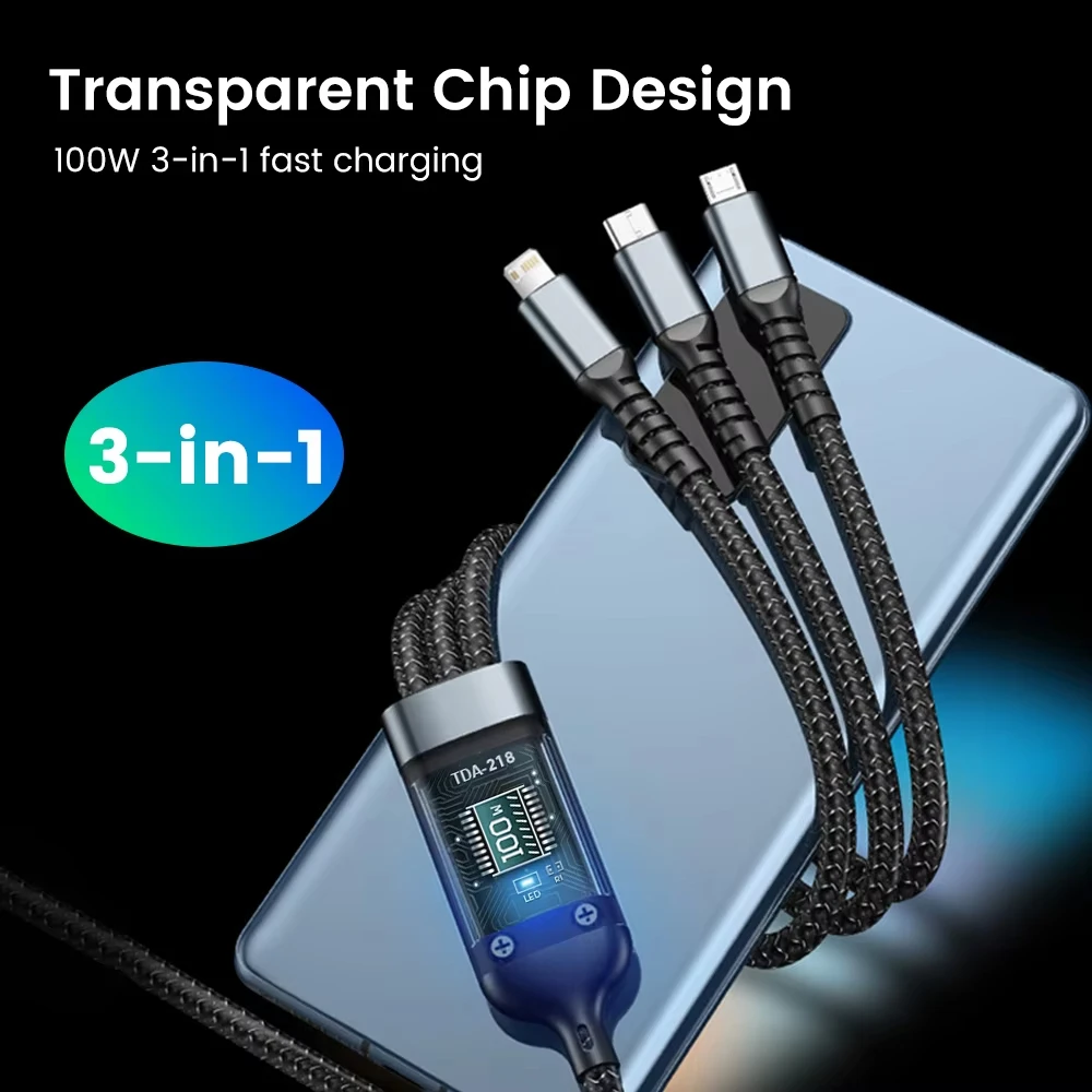 NNBILI 100W 고속 충전 케이블 멀티 충전기 케이블 브레이드형 다중 USB 범용 3in1 충전 코드 어댑터(타입-C 마이크로 포함)