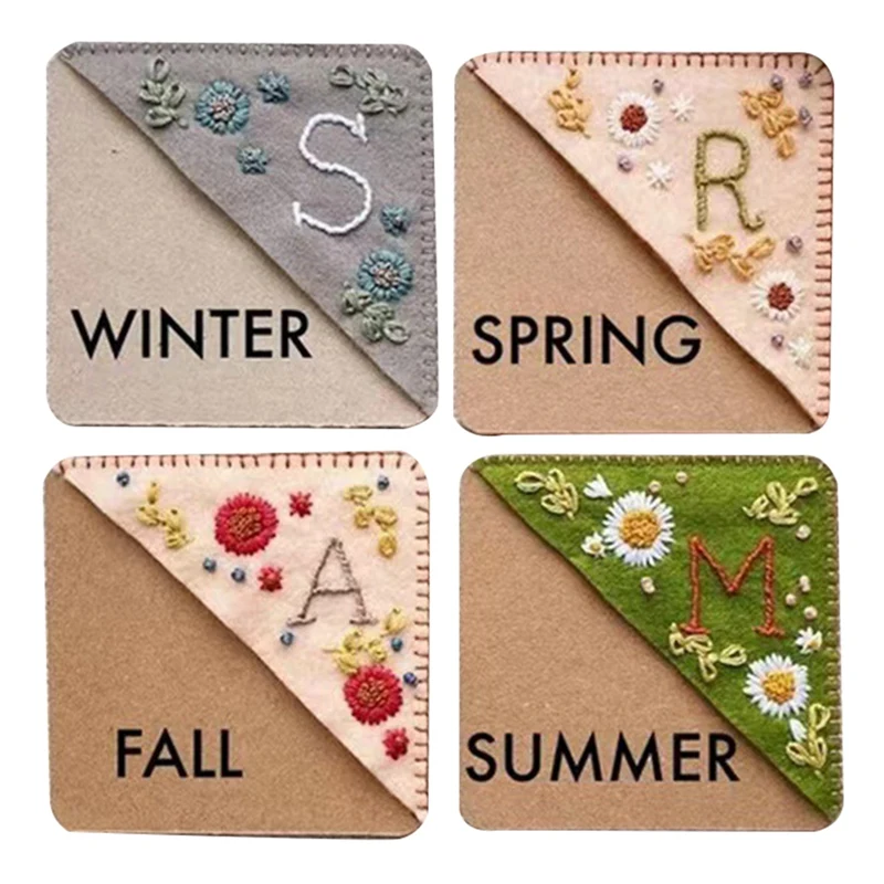 

4PCS Hand Embroidered Corner Bookmark Felt Corner Letter Bookmark Triangle Bookmark Flower Letter Embroidery Bookmarks