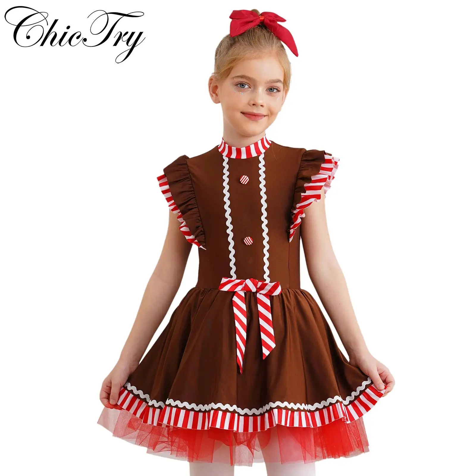 Kids Girls Christmas Gingerbread Man Costume Xmas New Year Dress Stripes Tutu Dancewear Santa Clause Festival Party Dress Up