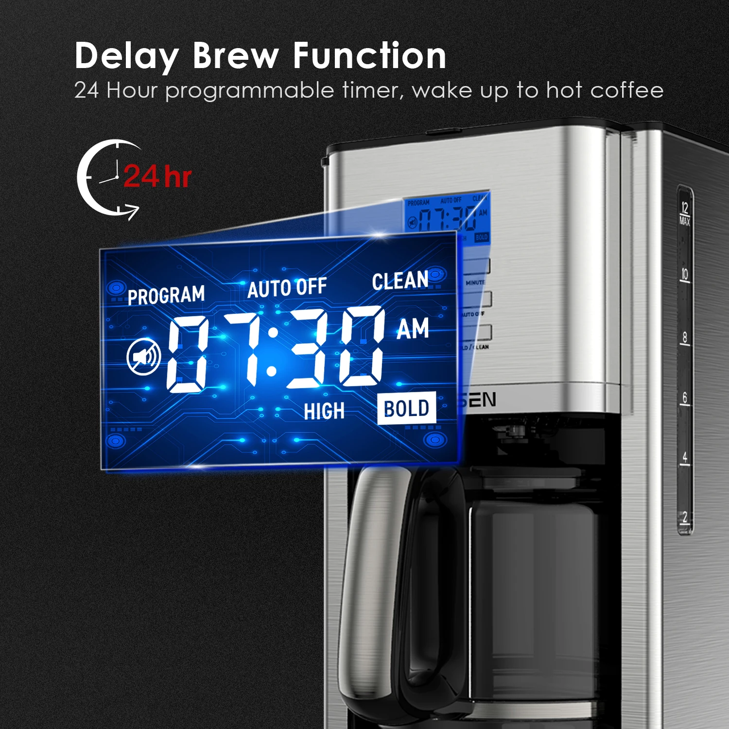 AIRMSEN Stainless Steel 12 Cup Drip Coffee Maker, Programmable Coffee Machine Self-Cleaning 3