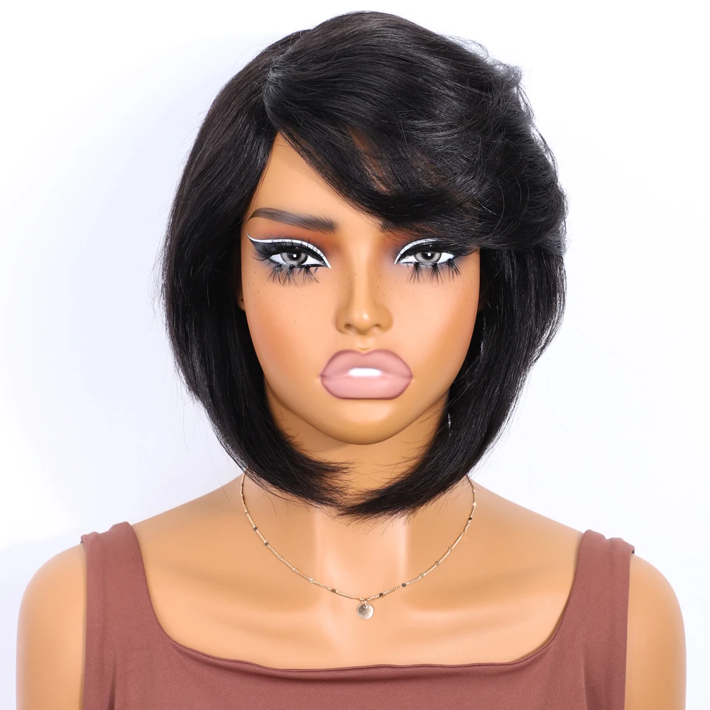레커 글루리스 블랙 숏 픽시컷 스트레이트 밥 100% 인모 가발 여성용 브라질 레미 헤어 풀 머신 메이드 컬러드