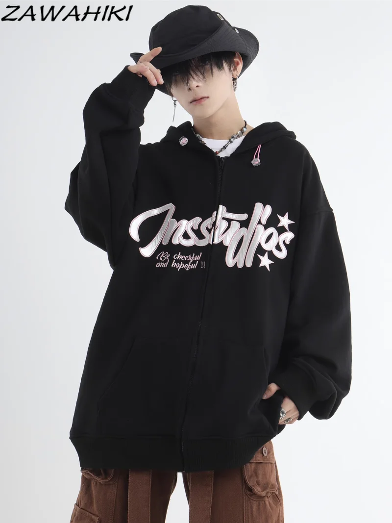 

Spring Autumn Letter Embroidery Patchwork Zip-up Loose Sweatshirt Fashion Lovers American Casual Vintage Long Sleeve Hoodies