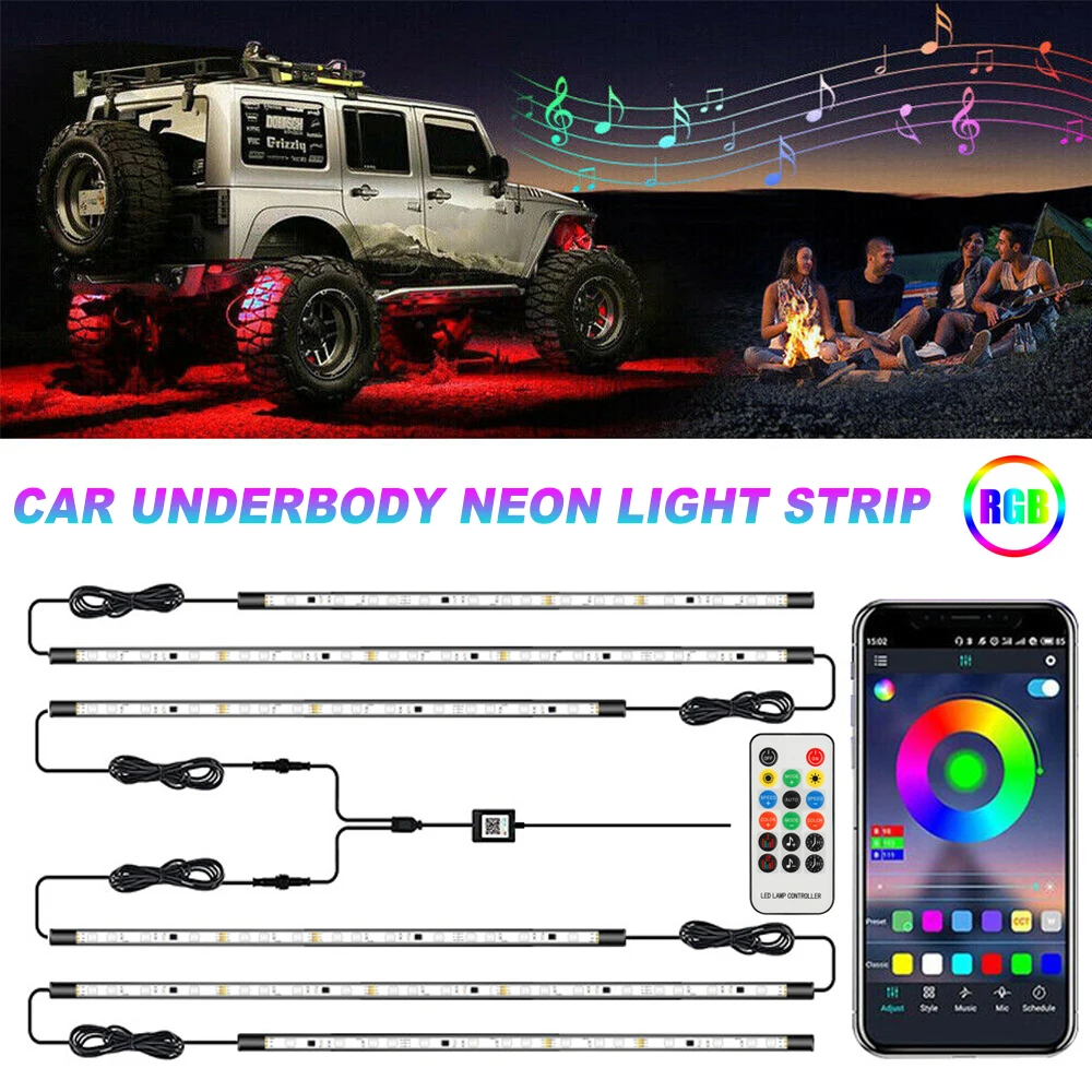 

6X Car LED Underglow Underbody Neon Strip Lights Wireless Bluetooth APP Control Automobile RGB Atmosphere Light Decorative Lamp