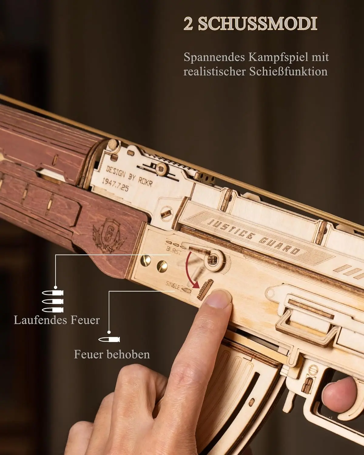 Robotime Rokr Automatic Rifle AK-47 Gun Blocks Model Buliding Kit 3D Wooden Puzzle Wooden Kits with Rubber Bands for Adults - Image 3