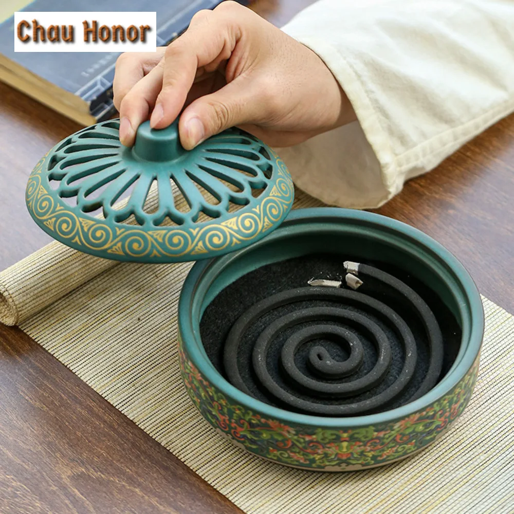 Extra Large Enamel Color Incense Burner Aromatherapy Mosquito Repellent Plate Cloisonne Furnace 12 Hour Incense Holder Ornaments