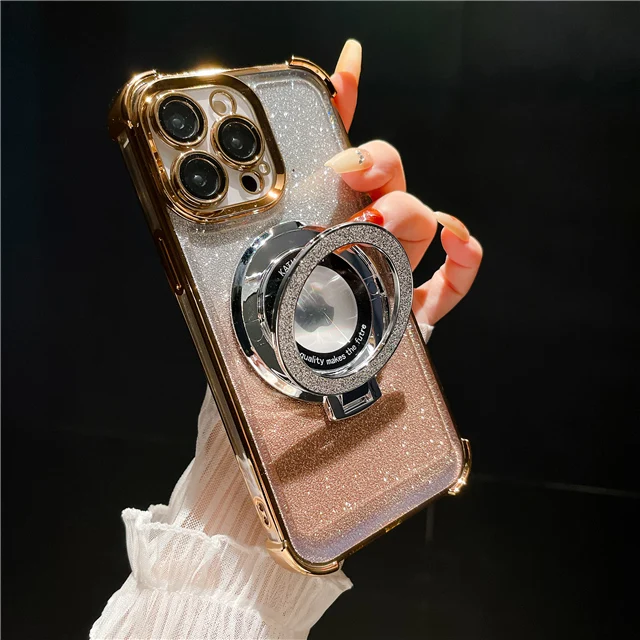 Luxury Magsafe Magnetic Flash Plating Phone Case with Stand and Lens Protection